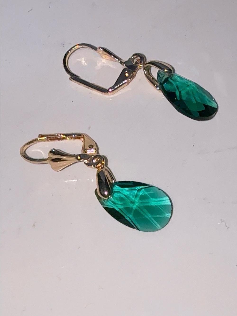 Green Austrian Crystal Teardrop Dangle Earrings 14K Gold Plated Leverback
